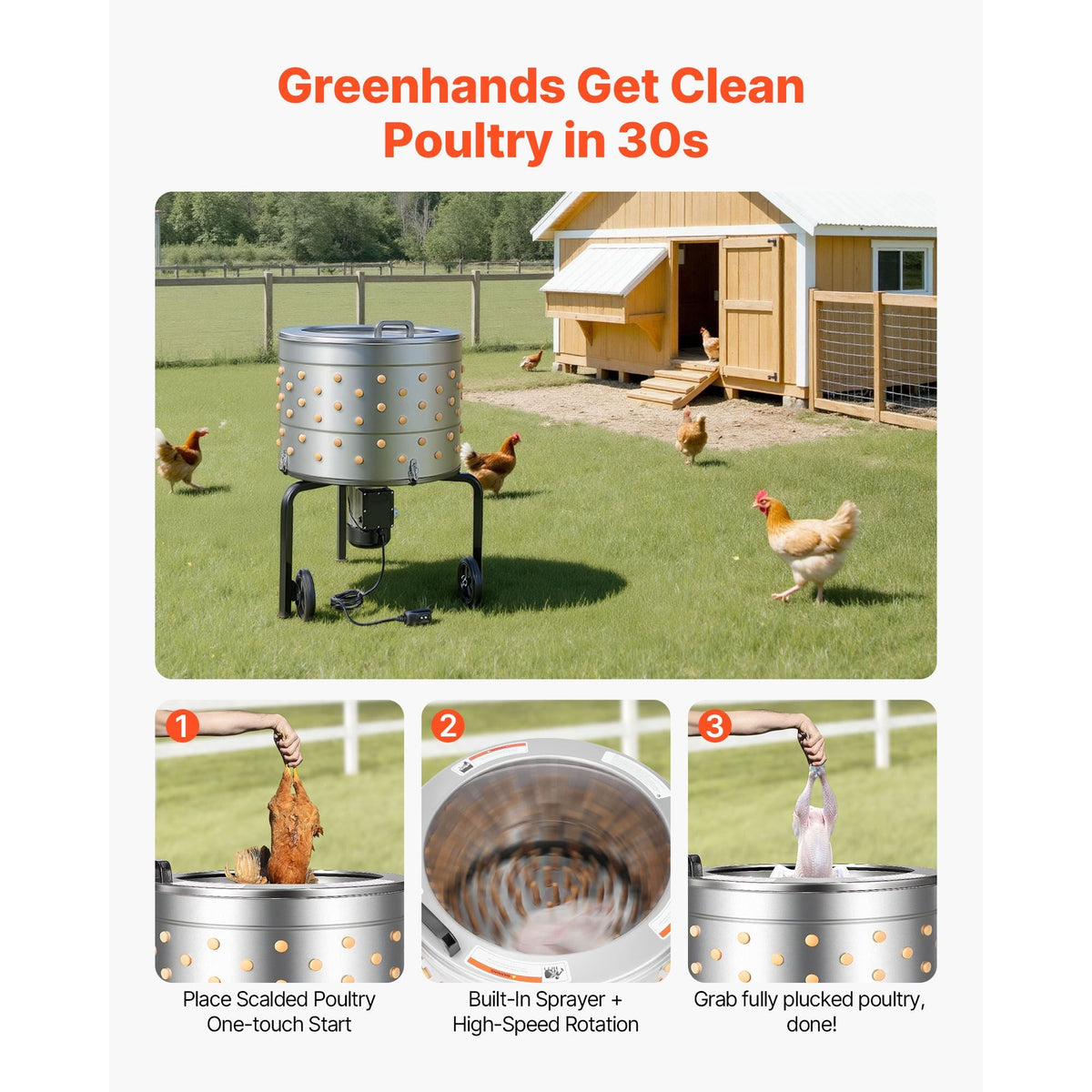 Chicken Plucker Machine, 25.6 in Drum, 1200W & 275RPM Electric Chicken Plucking Machine with 158 Soft Fingers & Transport Wheels, Stainless Steel Feather Remover for Processing 4 Chicks Once