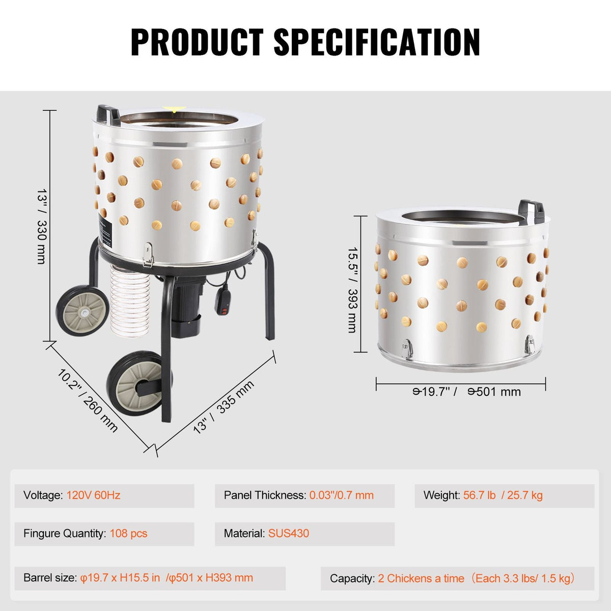Chicken Plucker Machine, Feather Plucker with 20-inch Stainless Steel Drum, Defeathering Equipment with 108 Soft Fingers, Simple Debris Collection, 500W High Power Poultry Plucking