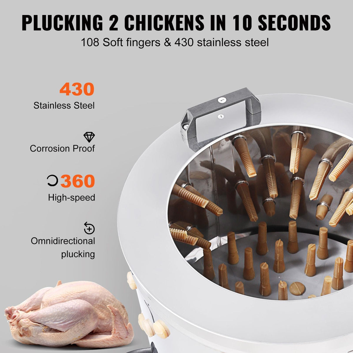 Chicken Plucker Machine, Feather Plucker with 20-inch Stainless Steel Drum, Defeathering Equipment with 108 Soft Fingers, Simple Debris Collection, 500W High Power Poultry Plucking