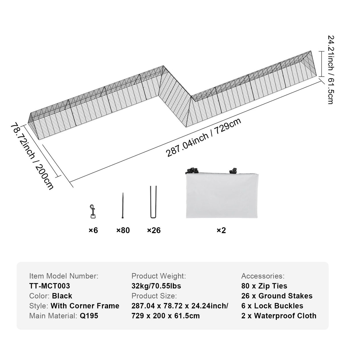 Chicken Tunnels, 287 x 78.7 x 24.2 inch(LxWxH) Chicken Tunnels for Yard, Portable Chicken Tunnels for Outside with Corner Frames, 2 Sets, Suitable for Chickens, Ducks, Rabbits