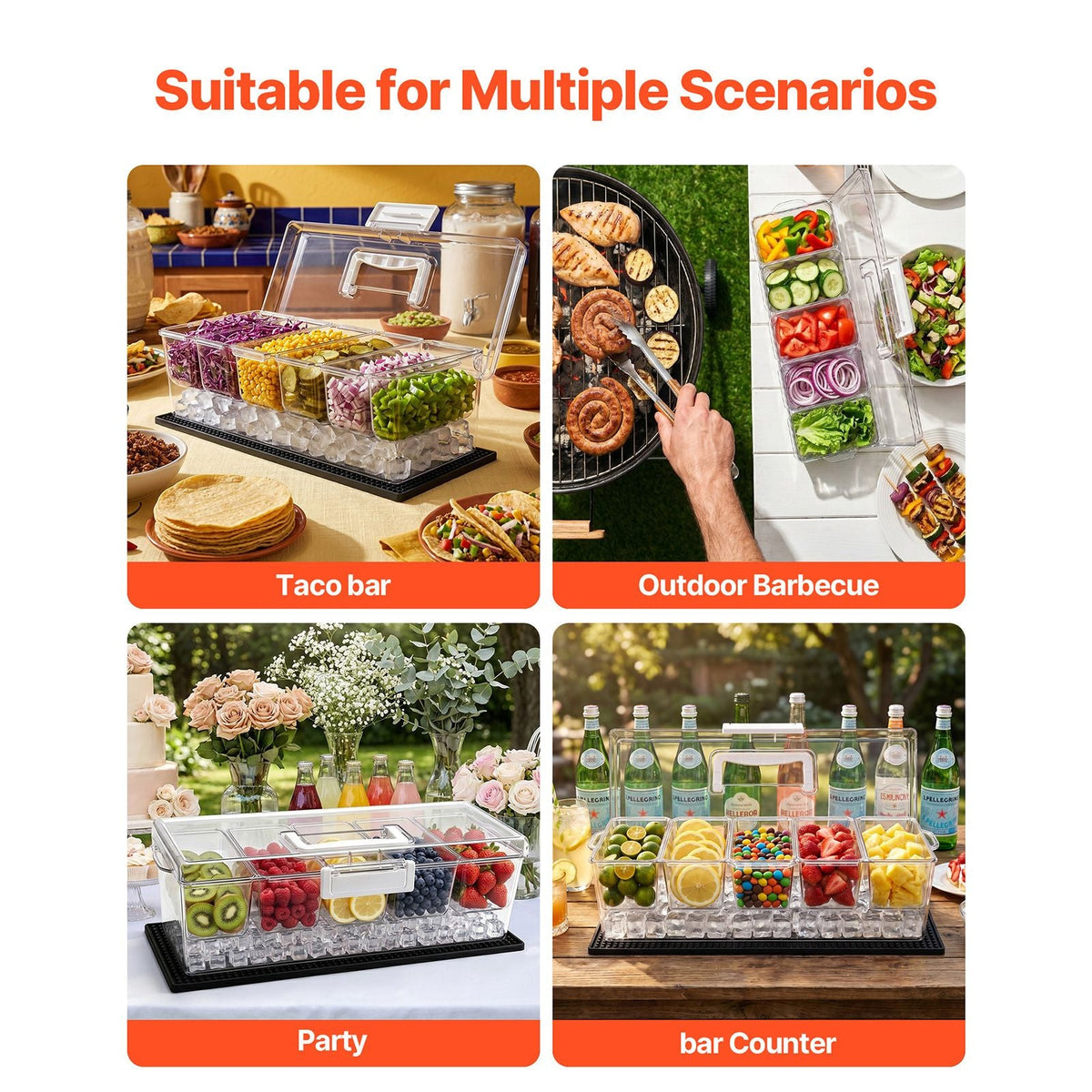 Chilled Condiment Server Caddy, 5 Compartment Ice Cooled Serving Container, Plastic Fruit Garnish Tray Platter with Lid, for Taco Salad Bar Accessories, Party Home Restaurant Supplies