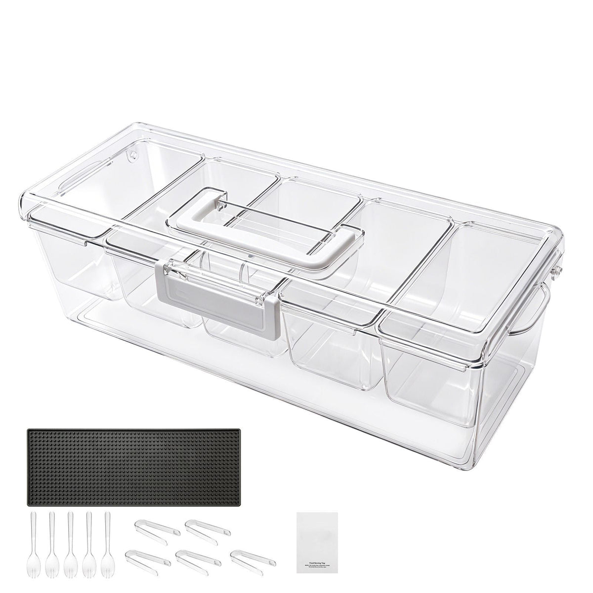 Chilled Condiment Server Caddy, 5 Compartment Ice Cooled Serving Container, Plastic Fruit Garnish Tray Platter with Lid, for Taco Salad Bar Accessories, Party Home Restaurant Supplies
