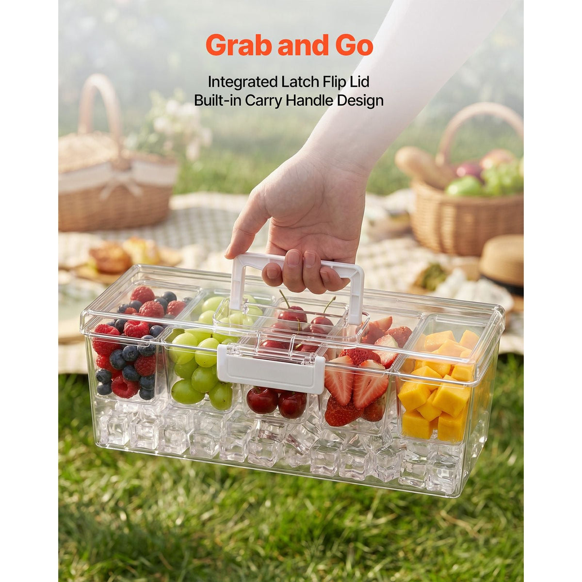 Chilled Condiment Server Caddy, 5 Compartment Ice Cooled Serving Container, Plastic Fruit Garnish Tray Platter with Lid, for Taco Salad Bar Accessories, Party Home Restaurant Supplies