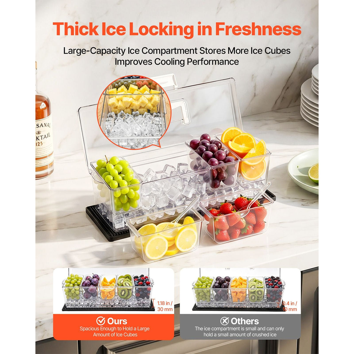 Chilled Condiment Server Caddy, 5 Compartment Ice Cooled Serving Container, Plastic Fruit Garnish Tray Platter with Lid, for Taco Salad Bar Accessories, Party Home Restaurant Supplies