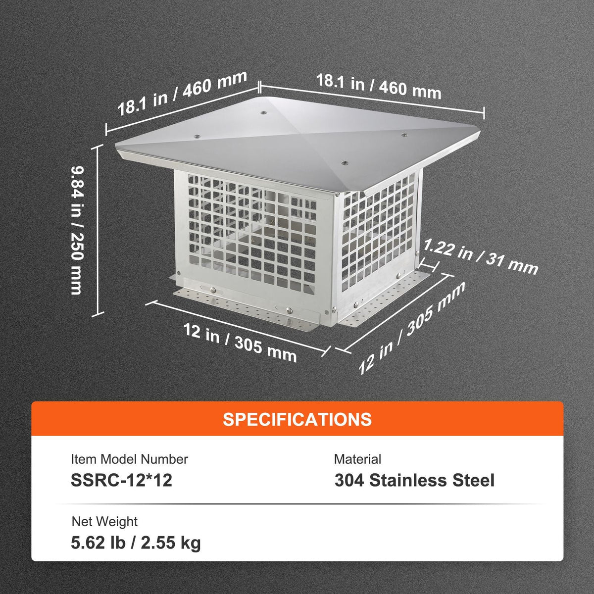 Chimney Cap, 12 x 12 inch, 304 Stainless Steel Fireplace Chimney Cover, Not Easily Toppled & Practical Accessories & Easy Installation, Fits Mesh Flue Covers Outside Clay Flue Shingles, Silver