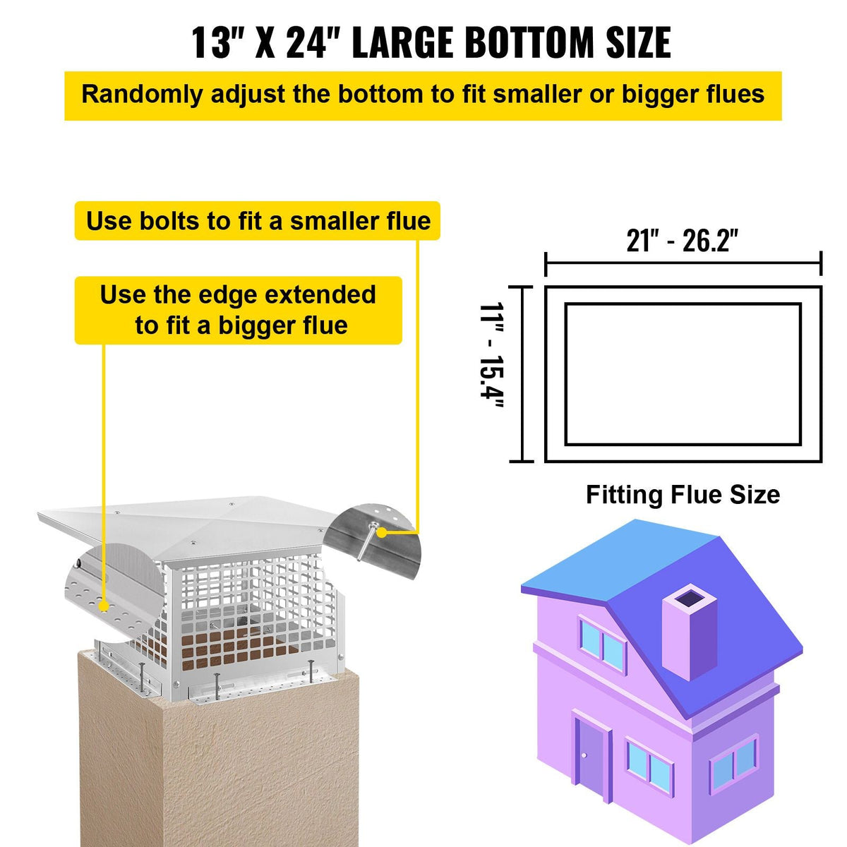 Chimney Cap, 13\" x 24\" Flue Caps, 304 Stainless Steel Fireplace Chimney Cover, Adjustable Metal Spark Arrestor with Bolts Screws, Mesh Chimney Flue Cover for Outside Existing Clay Flue Tile