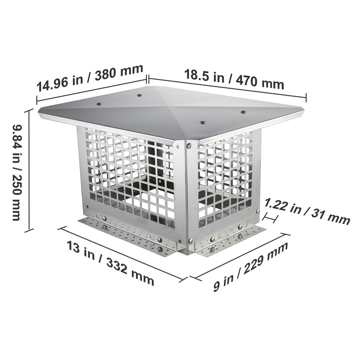 Chimney Cap, 13 x 9 inch, 304 Stainless Steel Fireplace Chimney Cover, Not Easily Toppled & Practical Accessories & Easy Installation, Fits Mesh Flue Covers Outside Clay Flue Shingles, Silver