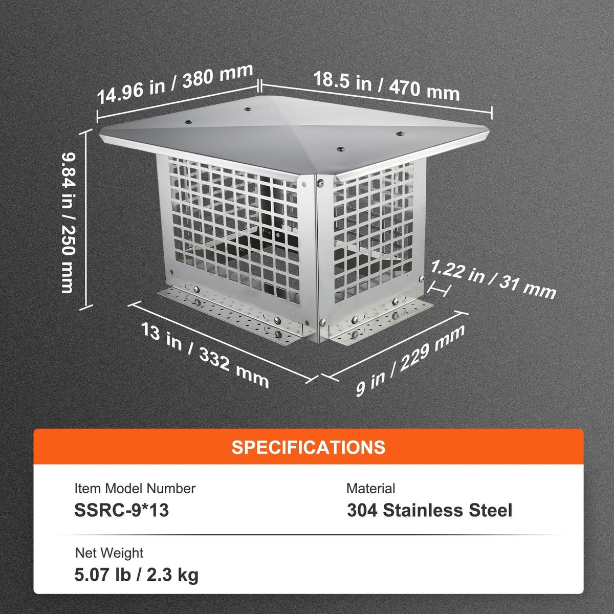 Chimney Cap, 13 x 9 inch, 304 Stainless Steel Fireplace Chimney Cover, Not Easily Toppled & Practical Accessories & Easy Installation, Fits Mesh Flue Covers Outside Clay Flue Shingles, Silver