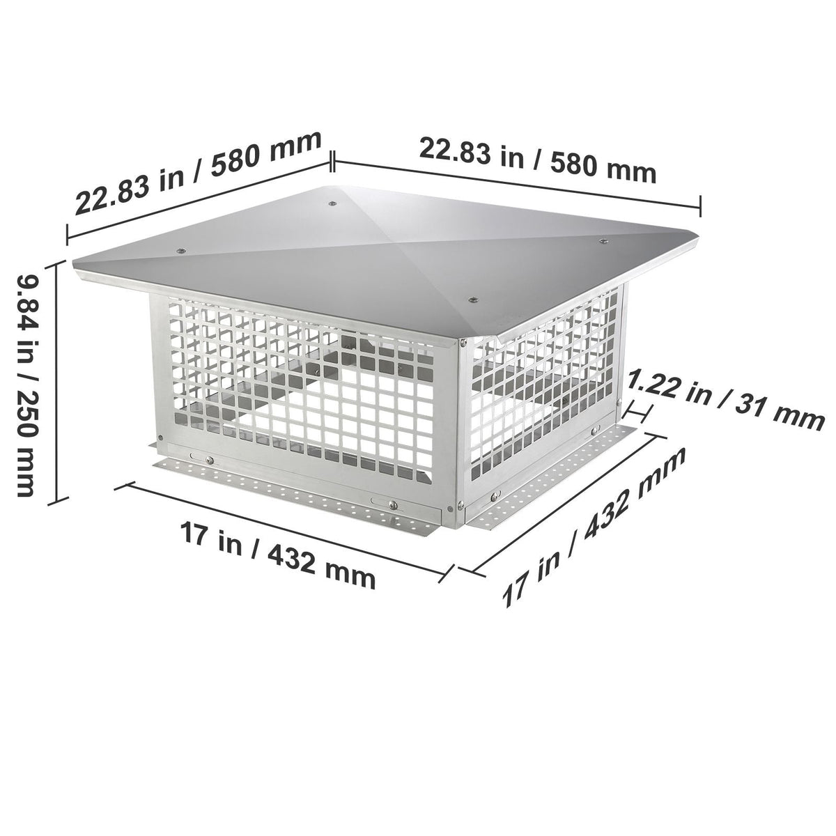 Chimney Cap, 17 x 17 inch, 304 Stainless Steel Fireplace Chimney Cover, Not Easily Toppled & Practical Accessories & Easy Installation, Fits Mesh Flue Covers Outside Clay Flue Shingles, Silver