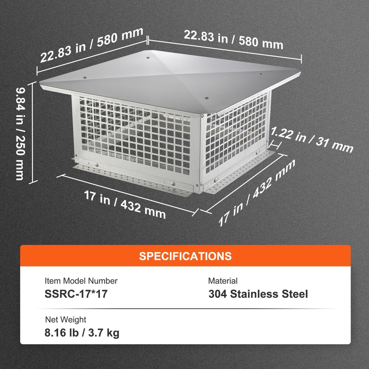 Chimney Cap, 17 x 17 inch, 304 Stainless Steel Fireplace Chimney Cover, Not Easily Toppled & Practical Accessories & Easy Installation, Fits Mesh Flue Covers Outside Clay Flue Shingles, Silver