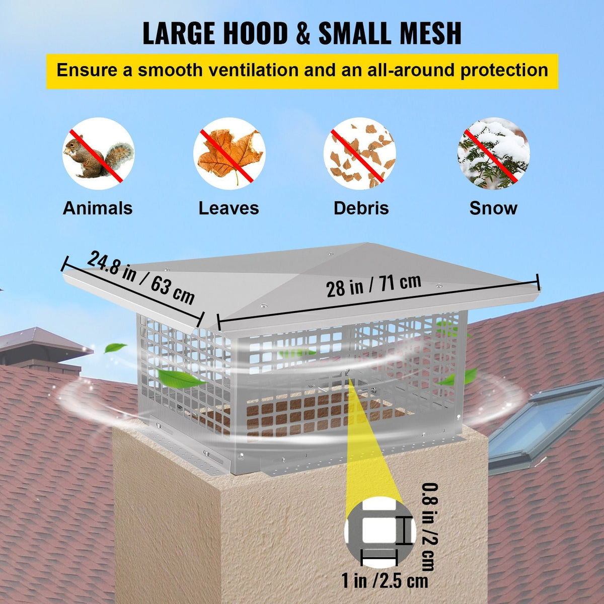 Chimney Cap, 17\" x 21\" Flue Caps, 304 Stainless Steel Fireplace Chimney Cover, Adjustable Metal Spark Arrestor with Bolts Screws, Mesh Chimney Flue Cover for Outside Existing Clay Flue Tile