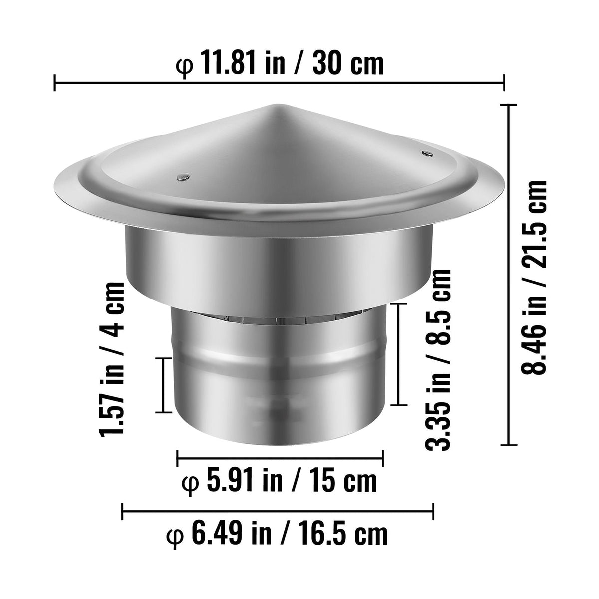 Chimney Cap, 6 inch, 304 Stainless Steel Round Roof Rain Cap, 11.81-inch Increased Caps, All Weather & Reinforced Screws & Easy Installation, for Perfect Insulation Vent Cover Outside, Silver