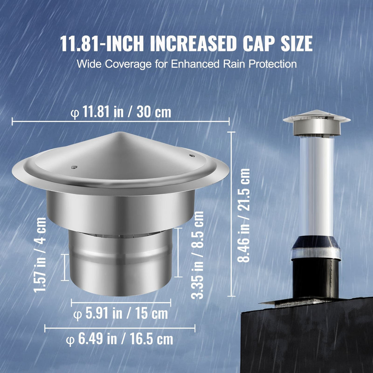 Chimney Cap, 6 inch, 304 Stainless Steel Round Roof Rain Cap, 11.81-inch Increased Caps, All Weather & Reinforced Screws & Easy Installation, for Perfect Insulation Vent Cover Outside, Silver