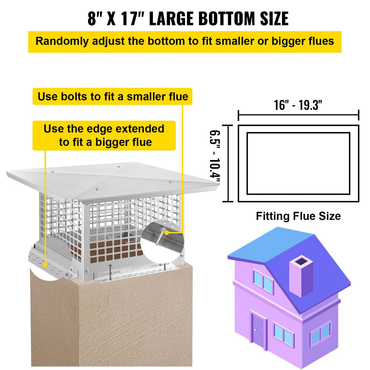Chimney Cap, 8\" x 17\" Flue Caps, 304 Stainless Steel Fireplace Chimney Cover, Adjustable Metal Spark Arrestor with Bolts Screws, Mesh Chimney Flue Cover for Outside Existing Clay Flue Tile