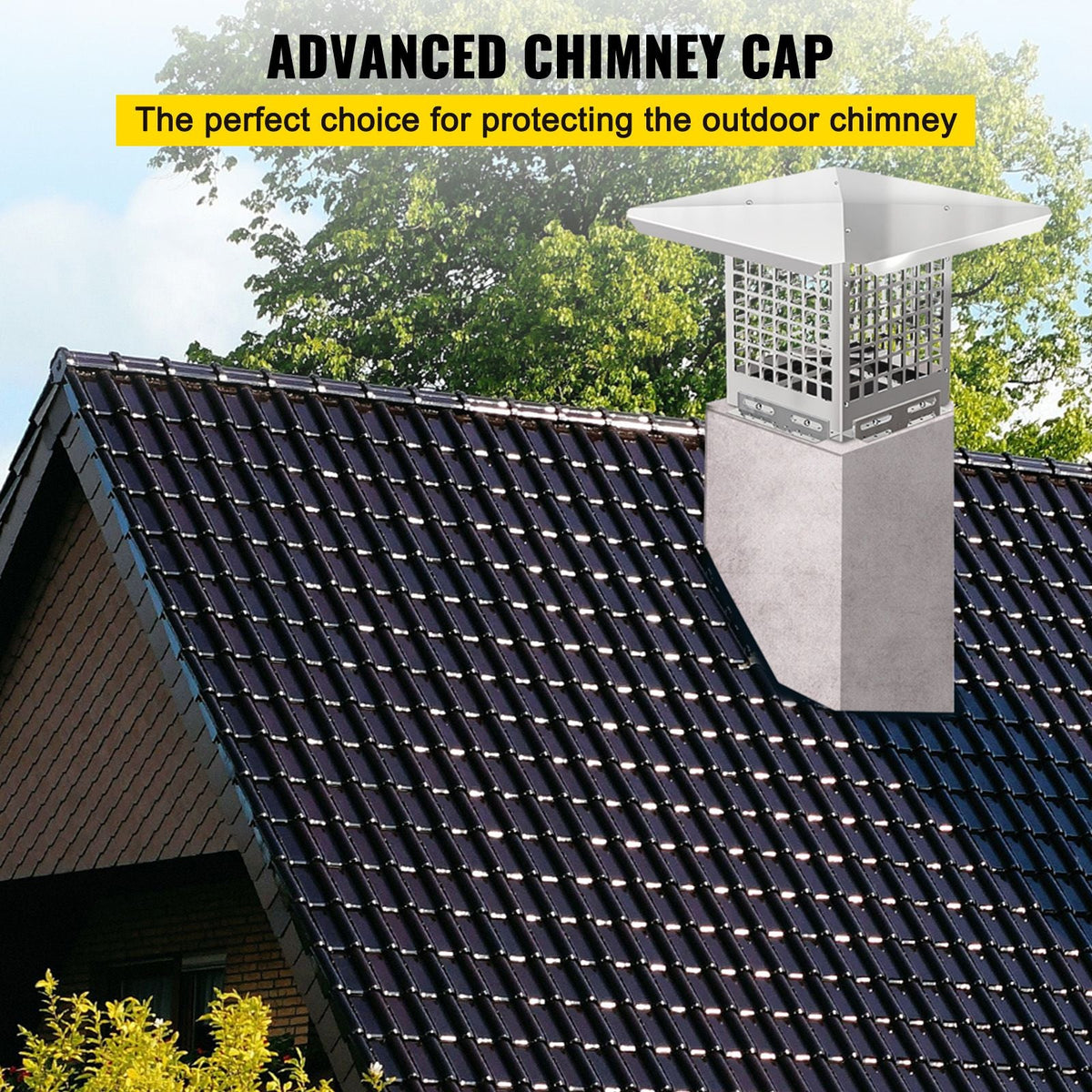 Chimney Cap, 8\" x 8\" Flue Caps, 304 Stainless Steel Fireplace Chimney Cover, Adjustable Metal Spark Arrestor with Bolts Screws, Mesh Chimney Flue Cover for Outside Existing Clay Flue Tile