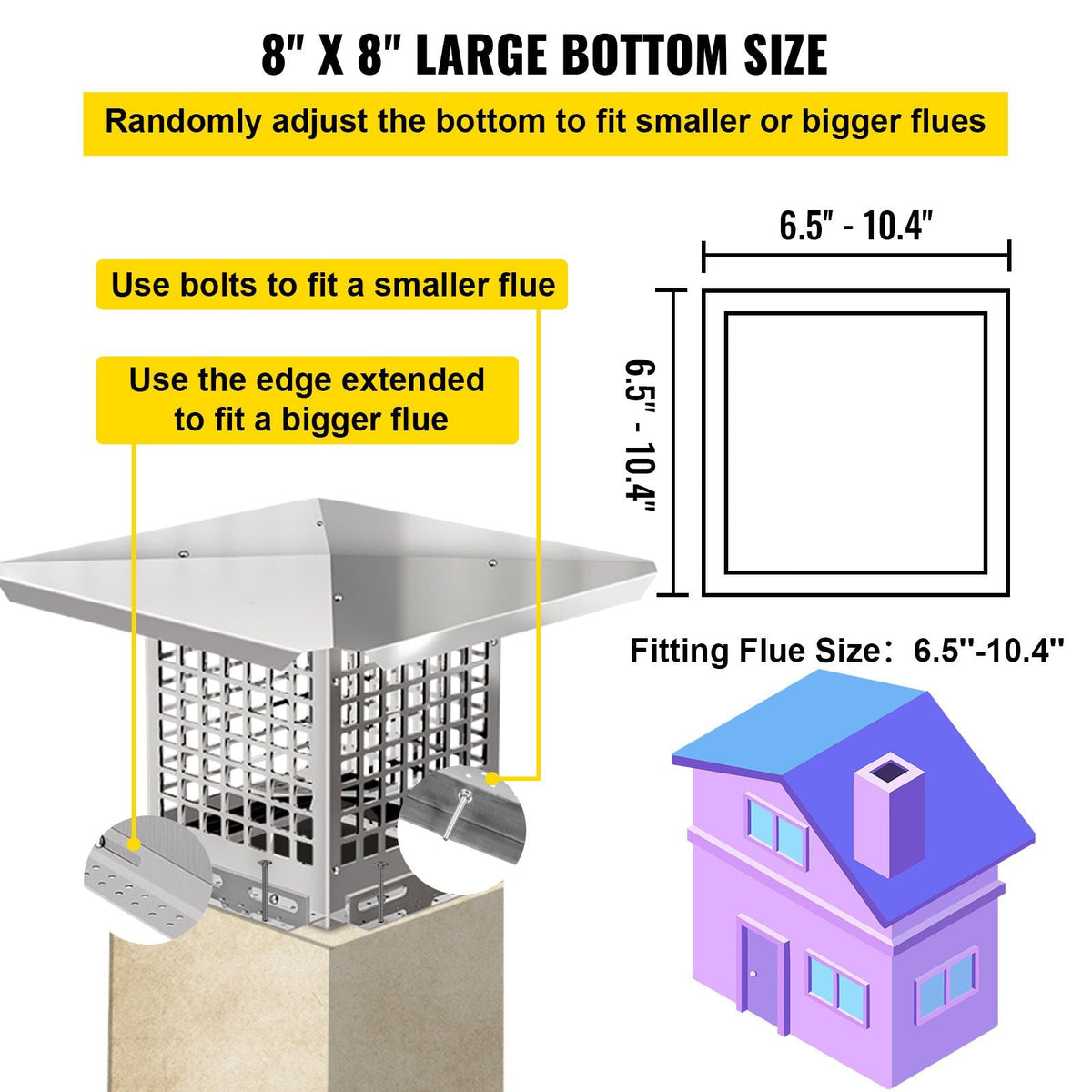 Chimney Cap, 8\" x 8\" Flue Caps, 304 Stainless Steel Fireplace Chimney Cover, Adjustable Metal Spark Arrestor with Bolts Screws, Mesh Chimney Flue Cover for Outside Existing Clay Flue Tile