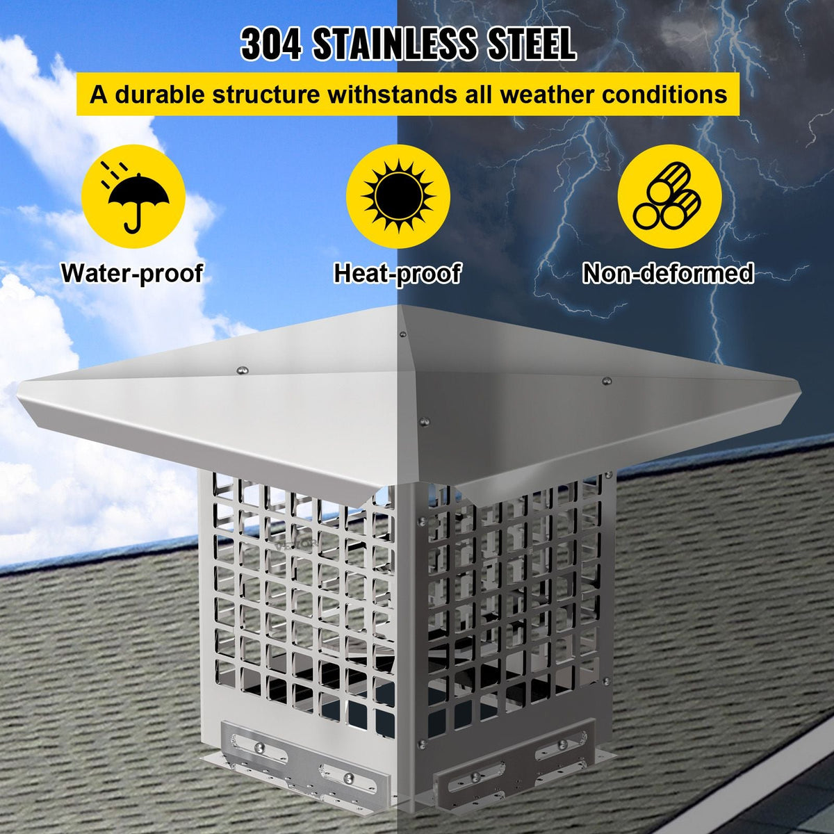 Chimney Cap, 8\" x 8\" Flue Caps, 304 Stainless Steel Fireplace Chimney Cover, Adjustable Metal Spark Arrestor with Bolts Screws, Mesh Chimney Flue Cover for Outside Existing Clay Flue Tile