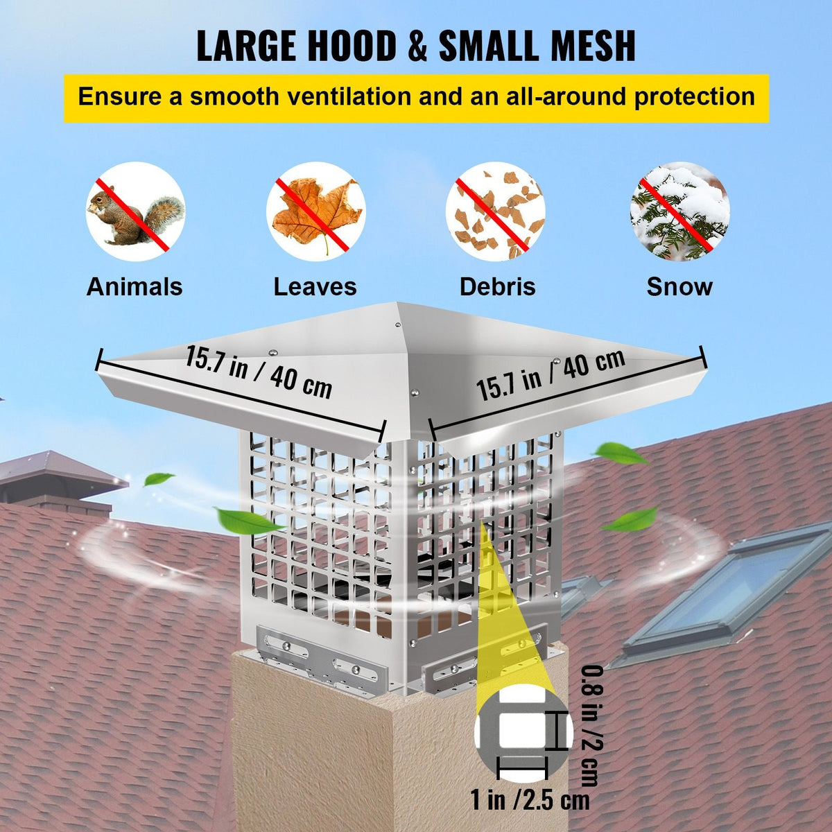 Chimney Cap, 8\" x 8\" Flue Caps, 304 Stainless Steel Fireplace Chimney Cover, Adjustable Metal Spark Arrestor with Bolts Screws, Mesh Chimney Flue Cover for Outside Existing Clay Flue Tile