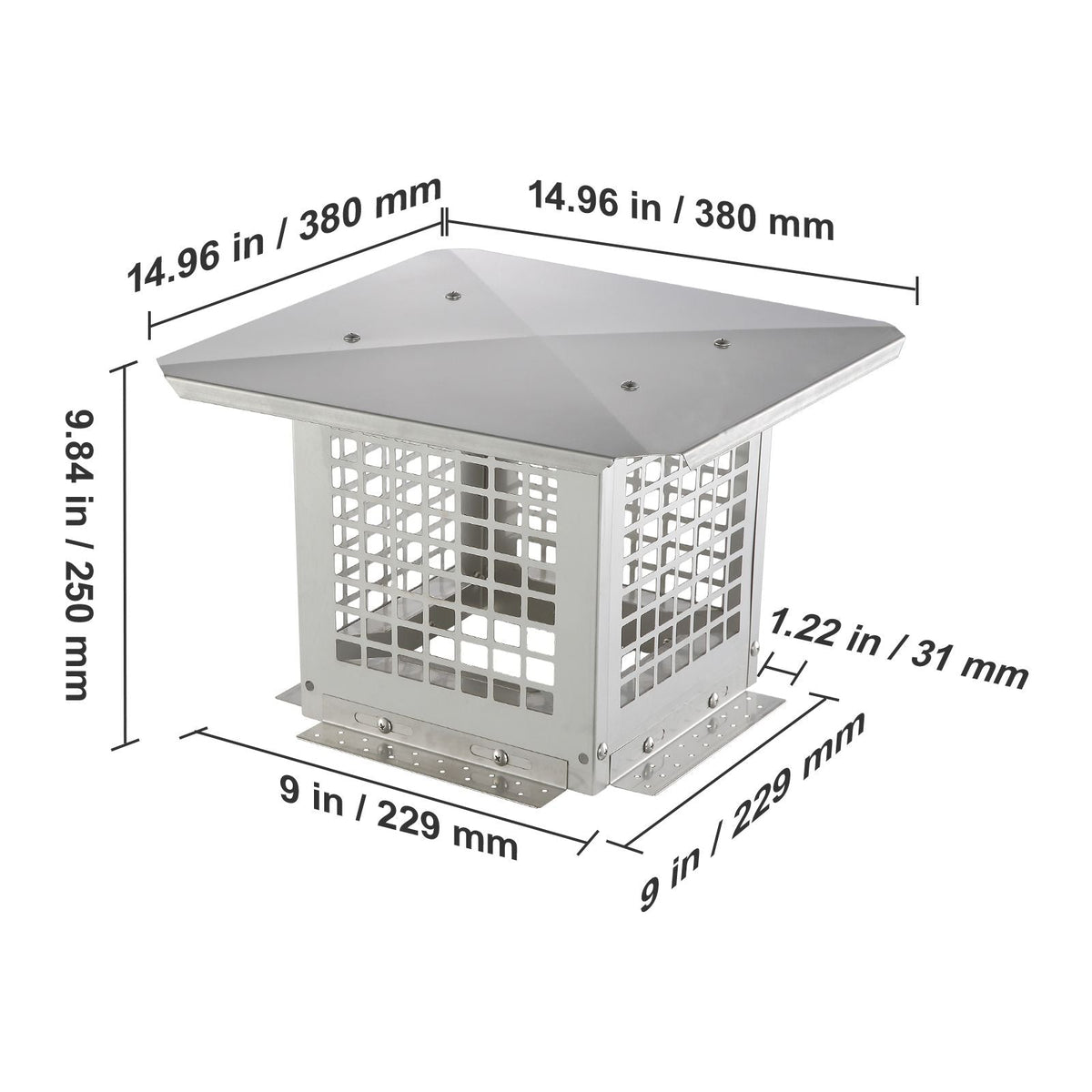 Chimney Cap, 9 x 9 inch, 304 Stainless Steel Fireplace Chimney Cover, Not Easily Toppled & Practical Accessories & Easy Installation, Fits Mesh Flue Covers Outside Clay Flue Shingles, Silver