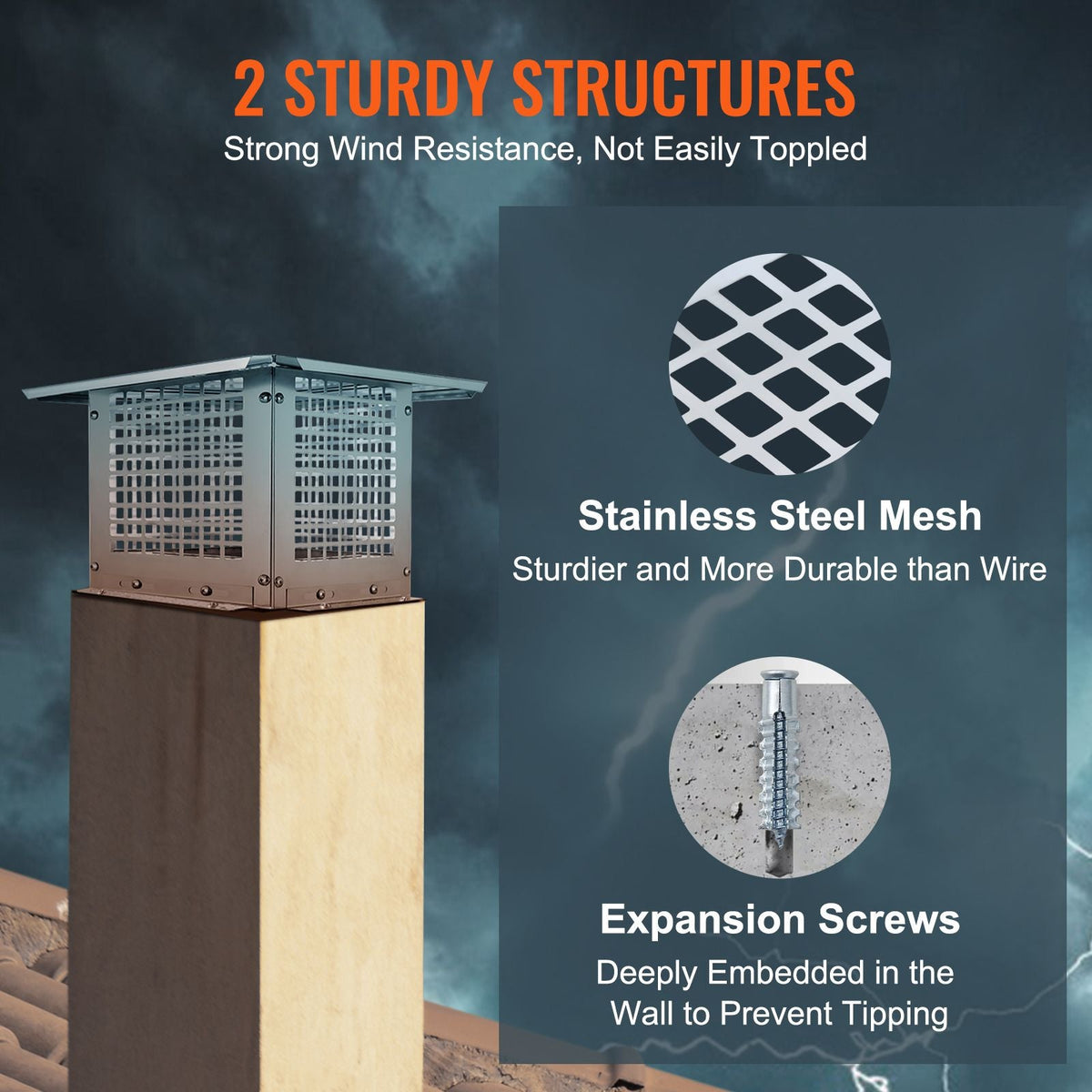 Chimney Cap, 9 x 9 inch, 304 Stainless Steel Fireplace Chimney Cover, Not Easily Toppled & Practical Accessories & Easy Installation, Fits Mesh Flue Covers Outside Clay Flue Shingles, Silver