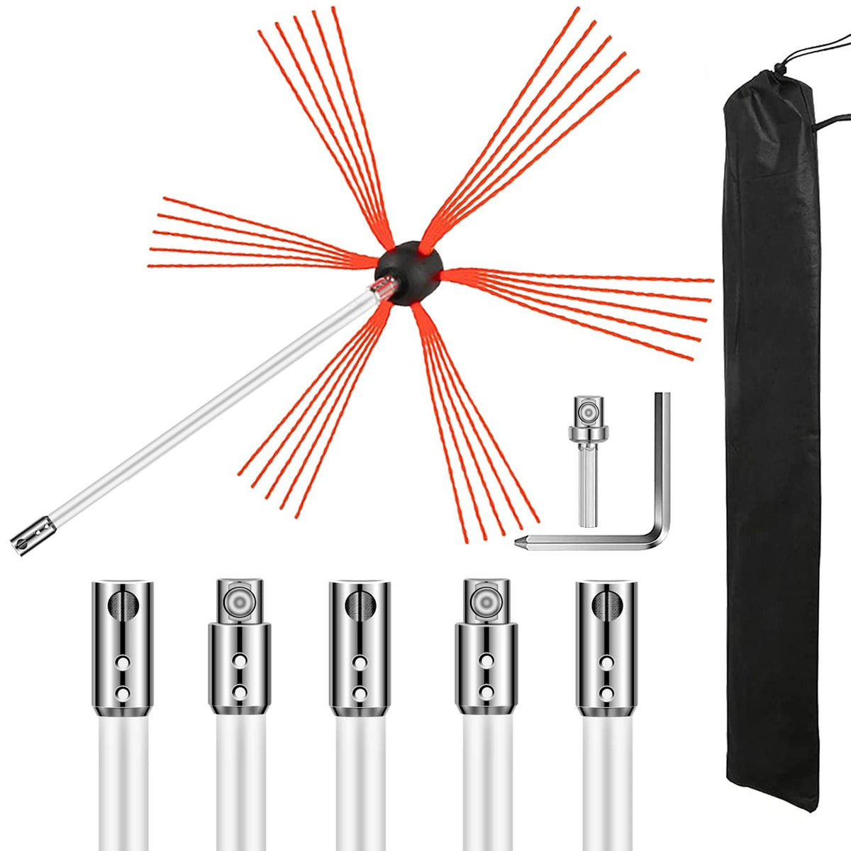 Chimney Sweep Kit 20FT Length, Chimney Brush Kit with 6 Nylon Flexible Rods, Rotary Chimney Cleaning Kit Driven by Drill, Chimney Cleaning Tool Kits for Sweeping Fireplace Flue