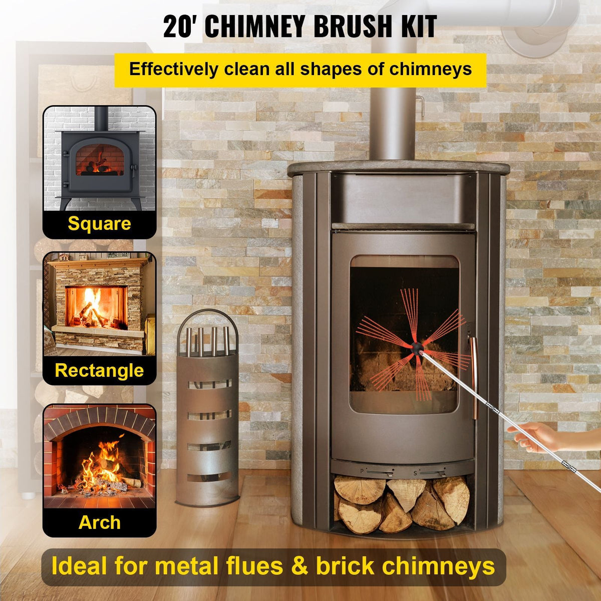 Chimney Sweep Kit 20FT Length, Chimney Brush Kit with 6 Nylon Flexible Rods, Rotary Chimney Cleaning Kit Driven by Drill, Chimney Cleaning Tool Kits for Sweeping Fireplace Flue