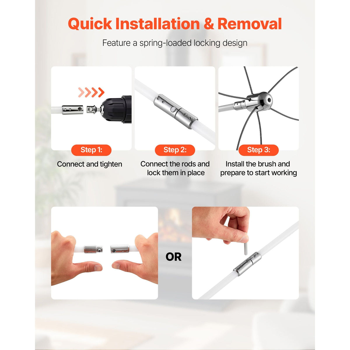 Chimney Sweep Kit, 23 ft Maximum Extendable Length Chimney Brush, Chimney Cleaner Sweeper with Dual Brush Heads, Brush & Goggles, Fireplace Cleaning Tool for Square, Rectangle, Arch Chimneys
