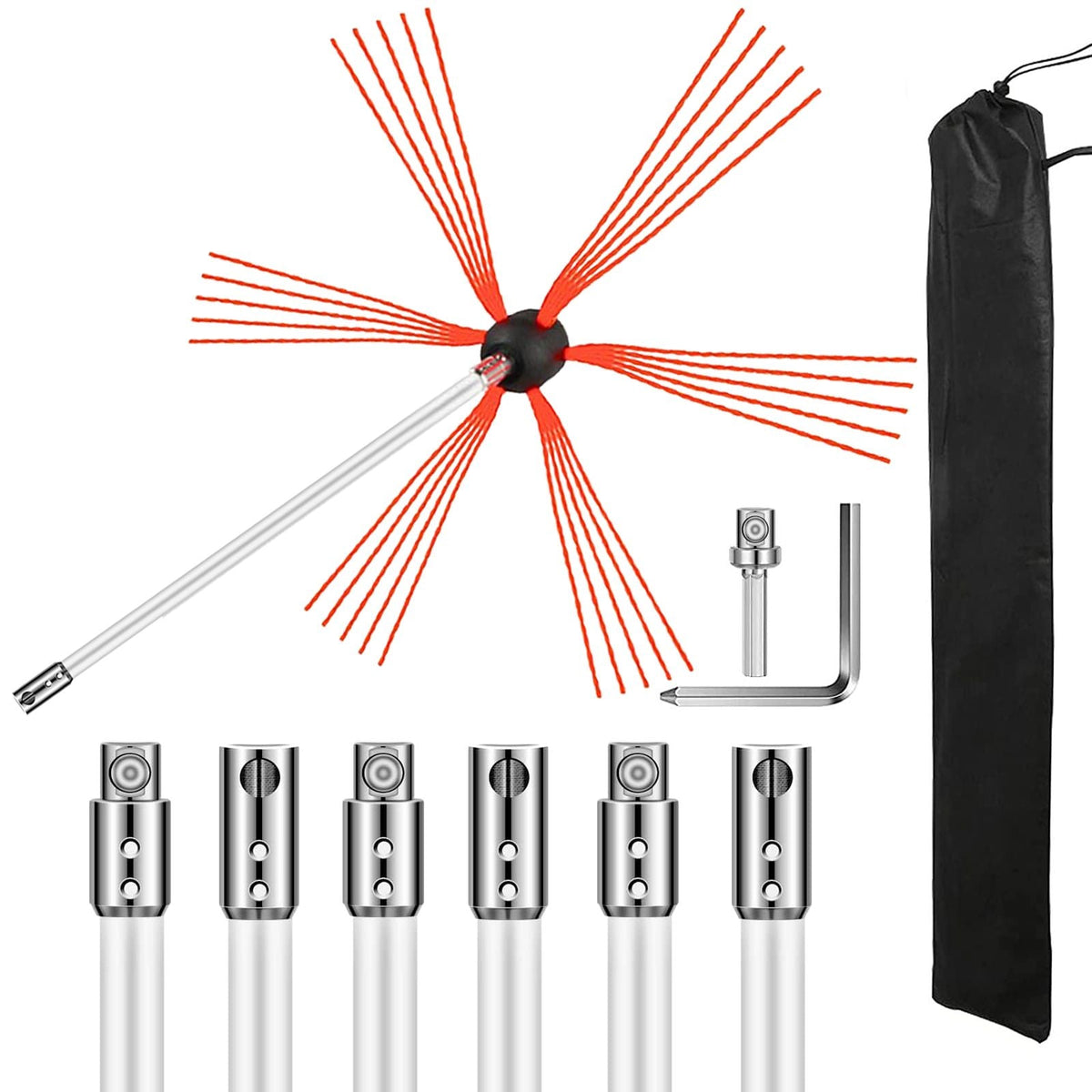 Chimney Sweep Kit 23FT Length, Chimney Brush Kit with 7 Nylon Flexible Rods, Rotary Chimney Cleaning Kit Driven by Drill, Chimney Cleaning Tool Kits for Sweeping Fireplace Flue