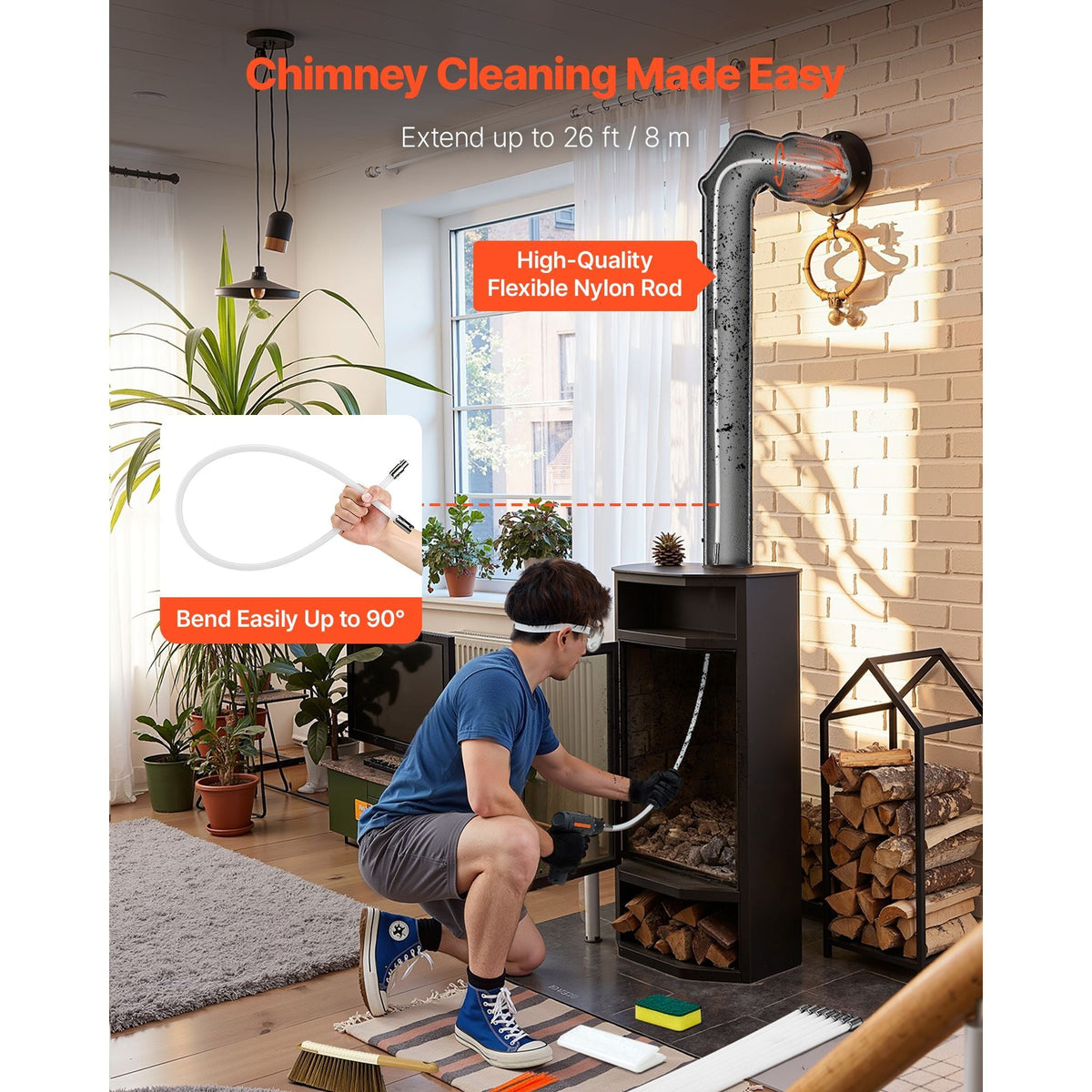 Chimney Sweep Kit, 26 ft Maximum Extendable Length Chimney Brush, Chimneys Cleaning Kit with Bristle Replacements & Goggles, 90° Bendable Fireplace Cleaning Tool, for Square, Rectangle Chimneys