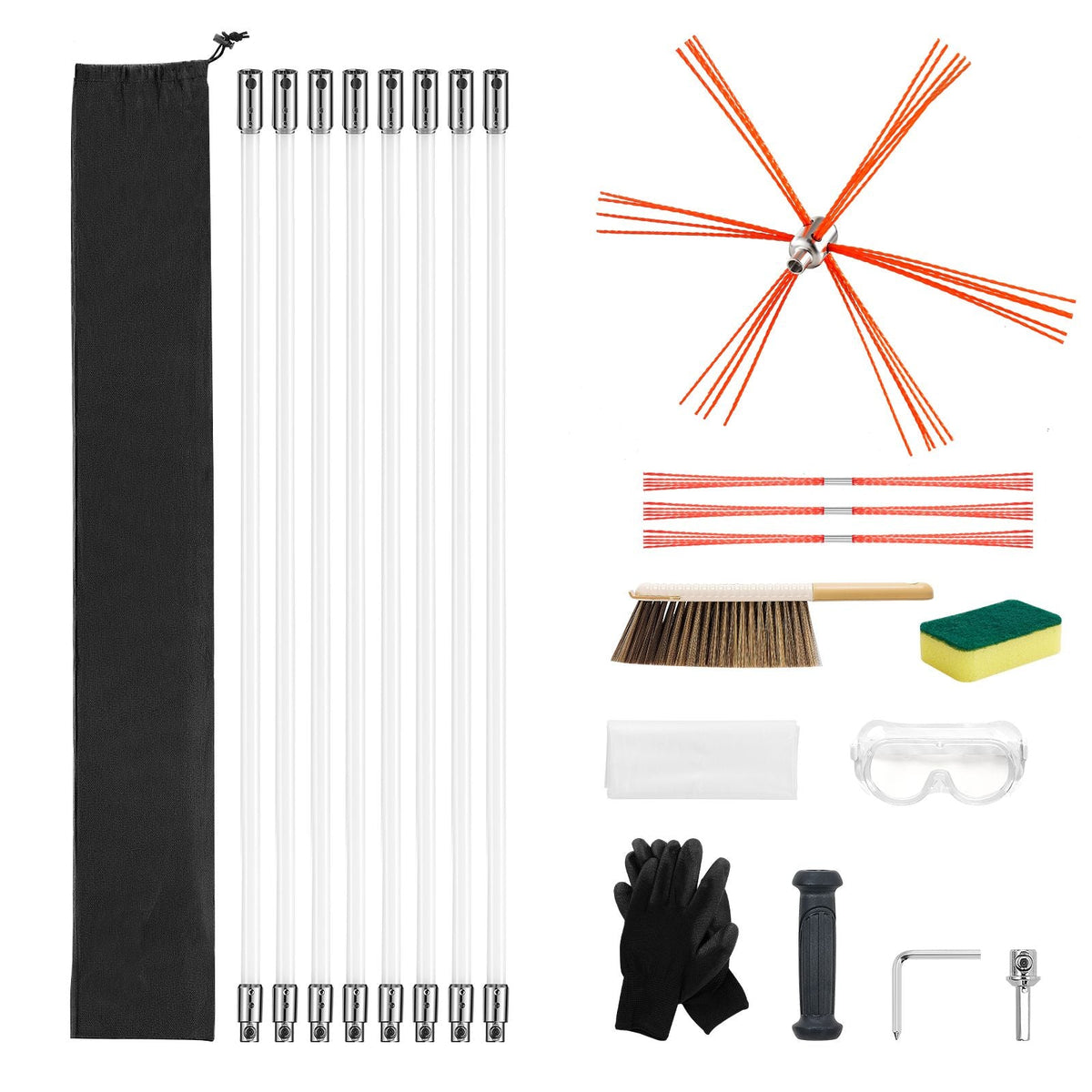 Chimney Sweep Kit, 26 ft Maximum Extendable Length Chimney Brush, Chimneys Cleaning Kit with Bristle Replacements & Goggles, 90° Bendable Fireplace Cleaning Tool, for Square, Rectangle Chimneys
