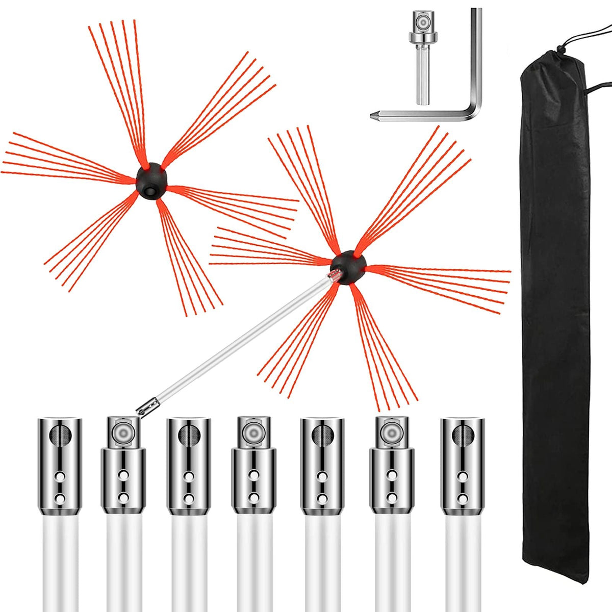 Chimney Sweep Kit 26FT Length, Chimney Brush Kit with 8 Nylon Flexible Rods and 2 Brush Head, Rotary Chimney Cleaning Kit Driven by Drill, Chimney Cleaning Tool Kits for Sweeping Fireplace