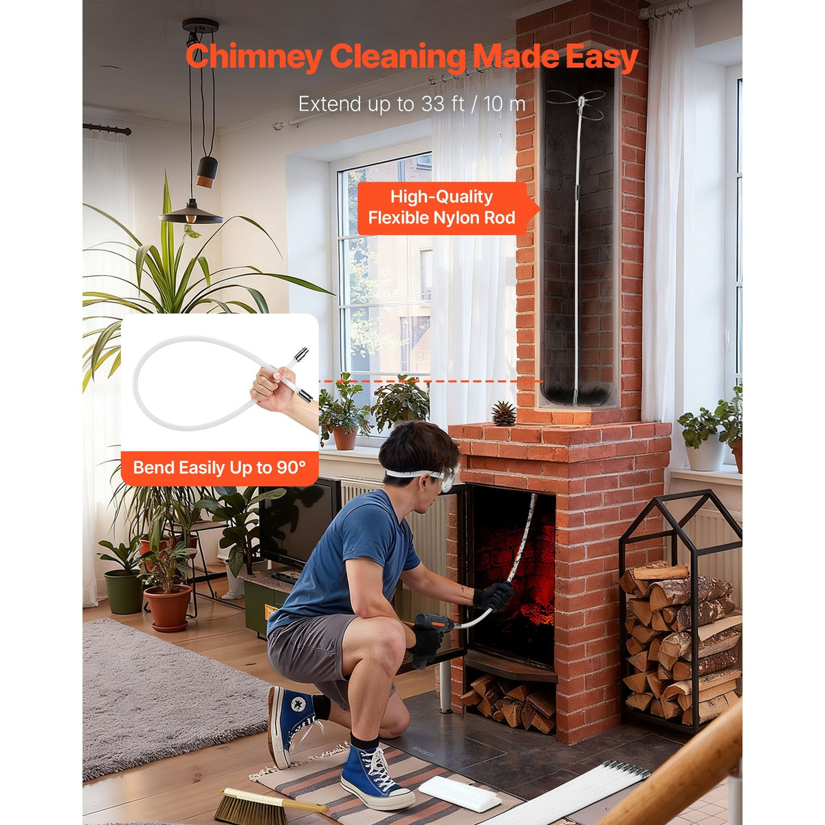 Chimney Sweep Kit, 30 ft Maximum Extendable Length Chimney Brush, Chimney Cleaner Sweeper with Dual Brush Heads, Brush & Goggles, Fireplace Cleaning Tool for Square, Rectangle, Arch Chimneys
