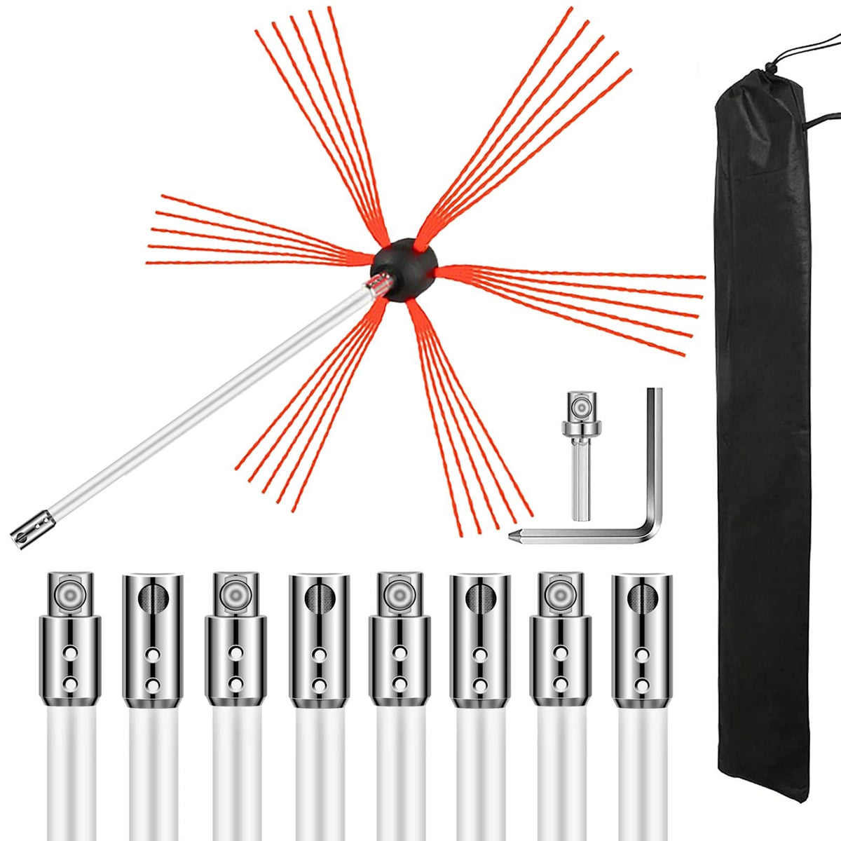 Chimney Sweep Kit 30FT Length, Chimney Brush Kit with 9 Nylon Flexible Rods, Rotary Chimney Cleaning Kit Driven by Drill, Chimney Cleaning Tool Kits for Sweeping Fireplace Flue