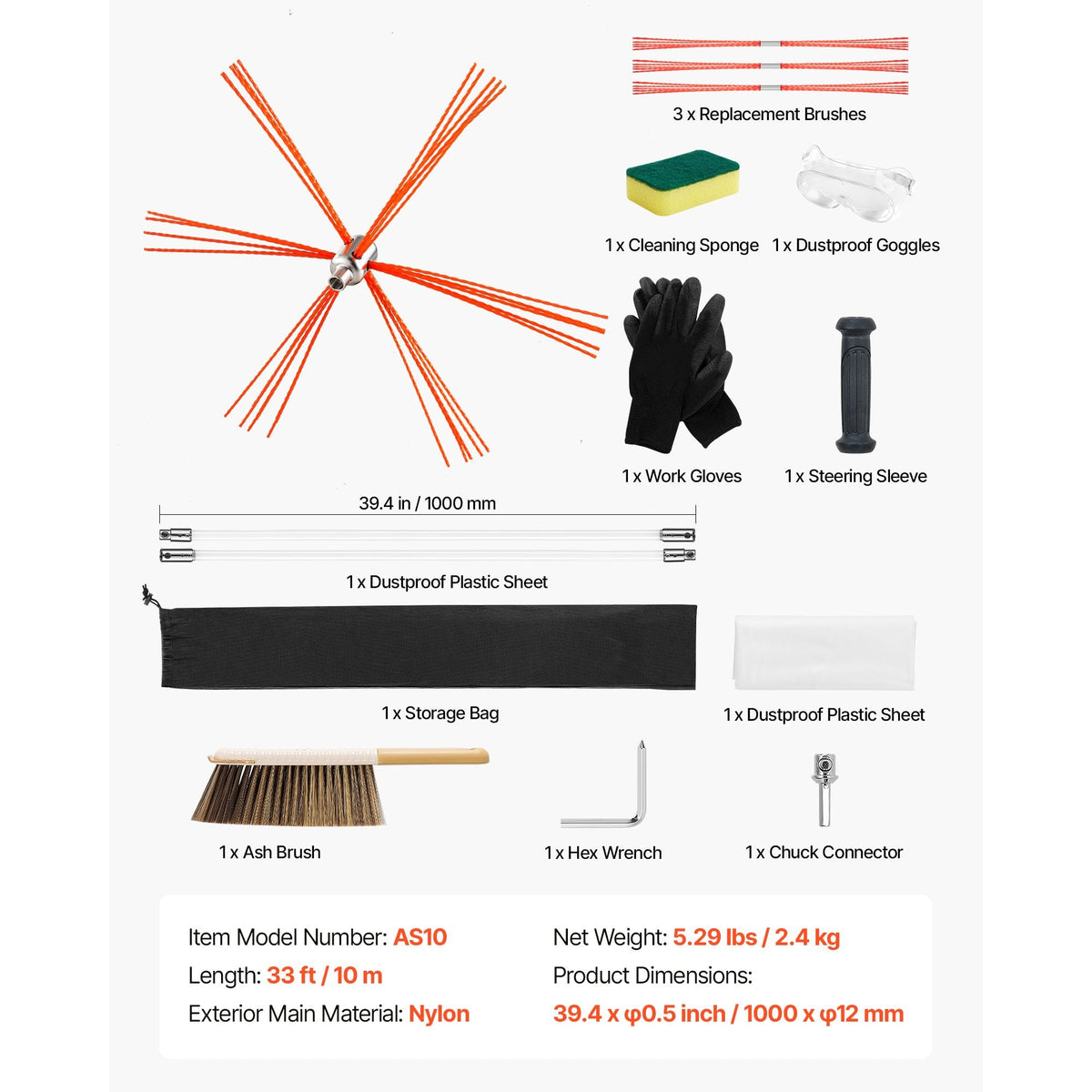 Chimney Sweep Kit, 33 ft Maximum Extendable Length Chimney Brush, Chimneys Cleaning Kit with Bristle Replacements & Goggles, 90° Bendable Fireplace Cleaning Tool, for Square, Rectangle Chimneys