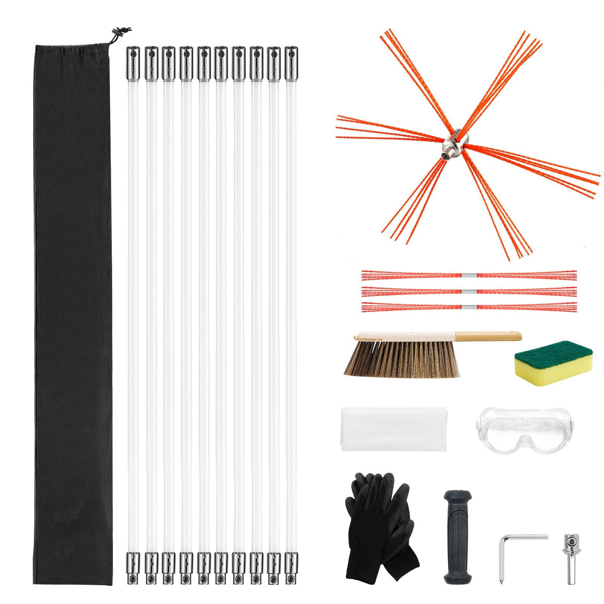 Chimney Sweep Kit, 33 ft Maximum Extendable Length Chimney Brush, Chimneys Cleaning Kit with Bristle Replacements & Goggles, 90° Bendable Fireplace Cleaning Tool, for Square, Rectangle Chimneys