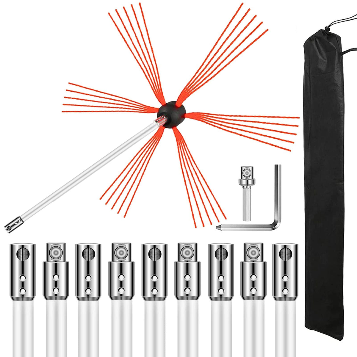 Chimney Sweep Kit 33FT, Chimney Cleaning Tool Kits with 10 Nylon Flexible Rods, Chimney Brush 394 Inch for Sweeping Fireplace