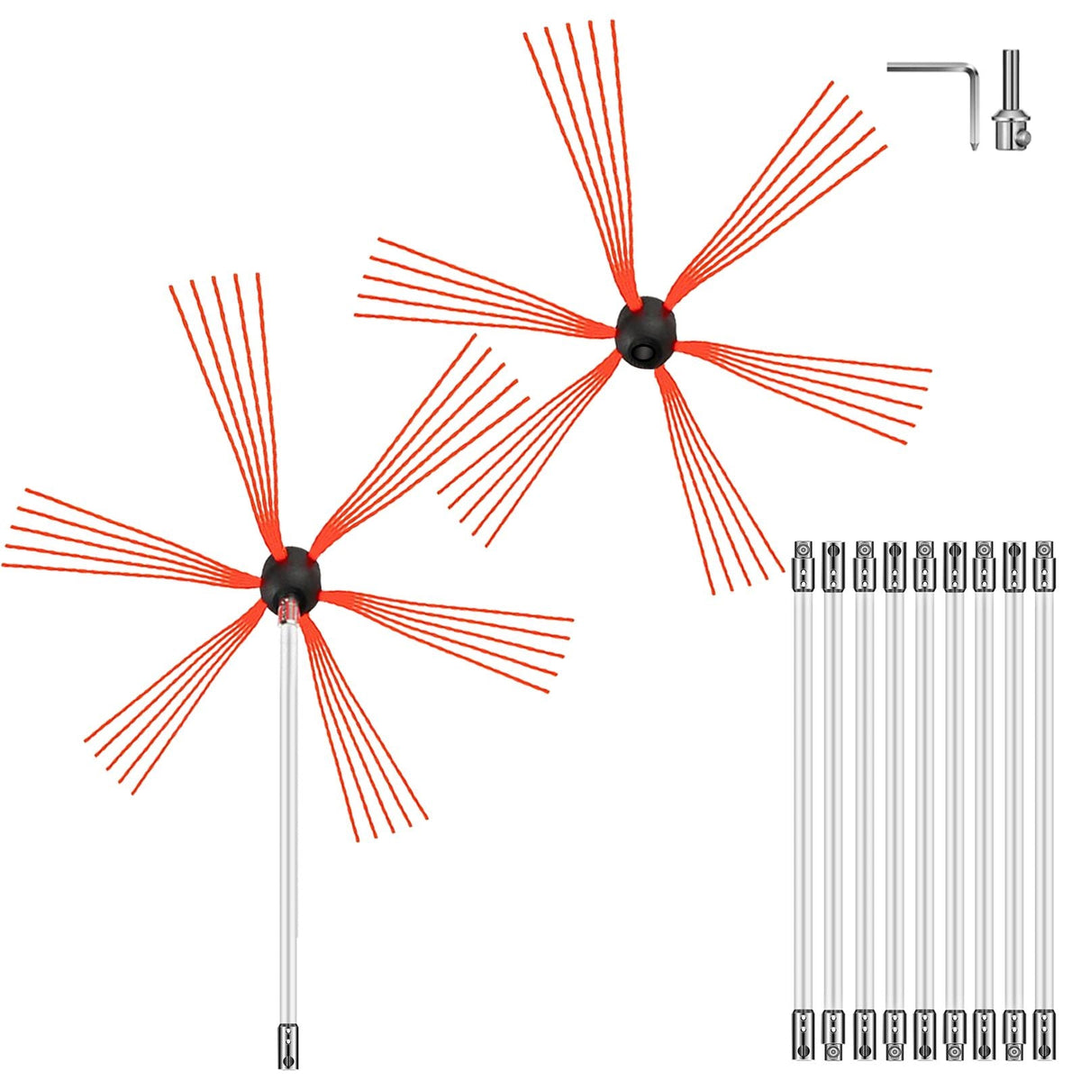 Chimney Sweep Kit 33FT Length, Chimney Brush Kit with 10 Nylon Flexible Rods and 2 Brush Head, Rotary Chimney Cleaning Kit Driven by Drill, Chimney Brush Rod Kit for Cleaning Fireplace
