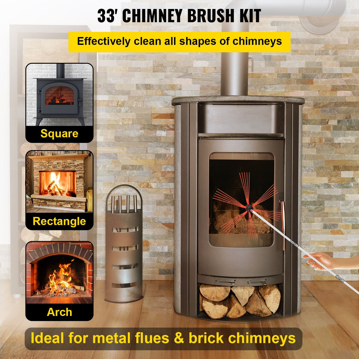 Chimney Sweep Kit 33FT Length, Chimney Brush Kit with 10 Nylon Flexible Rods and 2 Brush Head, Rotary Chimney Cleaning Kit Driven by Drill, Chimney Brush Rod Kit for Cleaning Fireplace