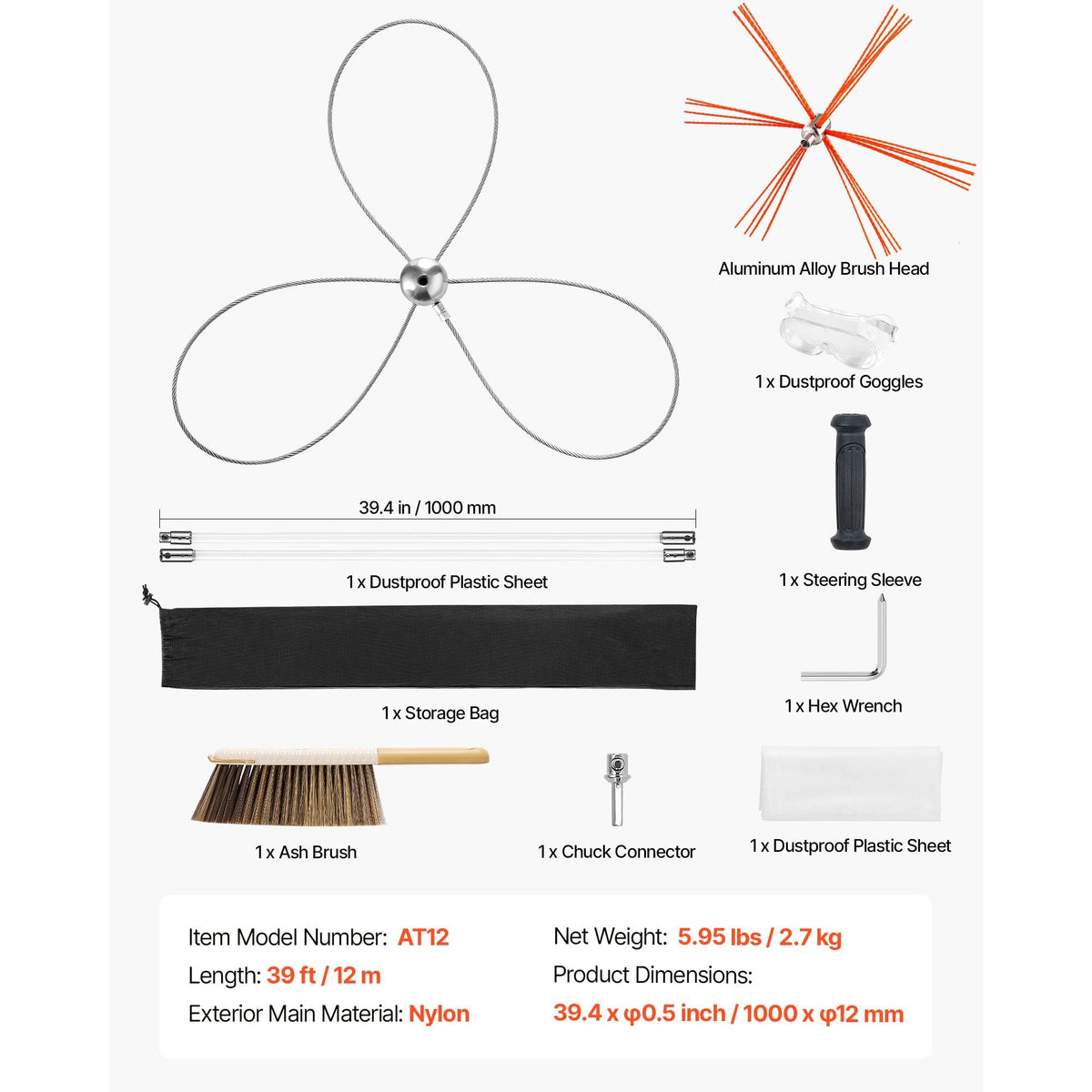 Chimney Sweep Kit, 39 ft Maximum Extendable Length Chimney Brush, Chimney Cleaner Sweeper with Dual Brush Heads & Bristle Replacements, Fireplace Cleaning Tool for Square, Rectangle Chimneys
