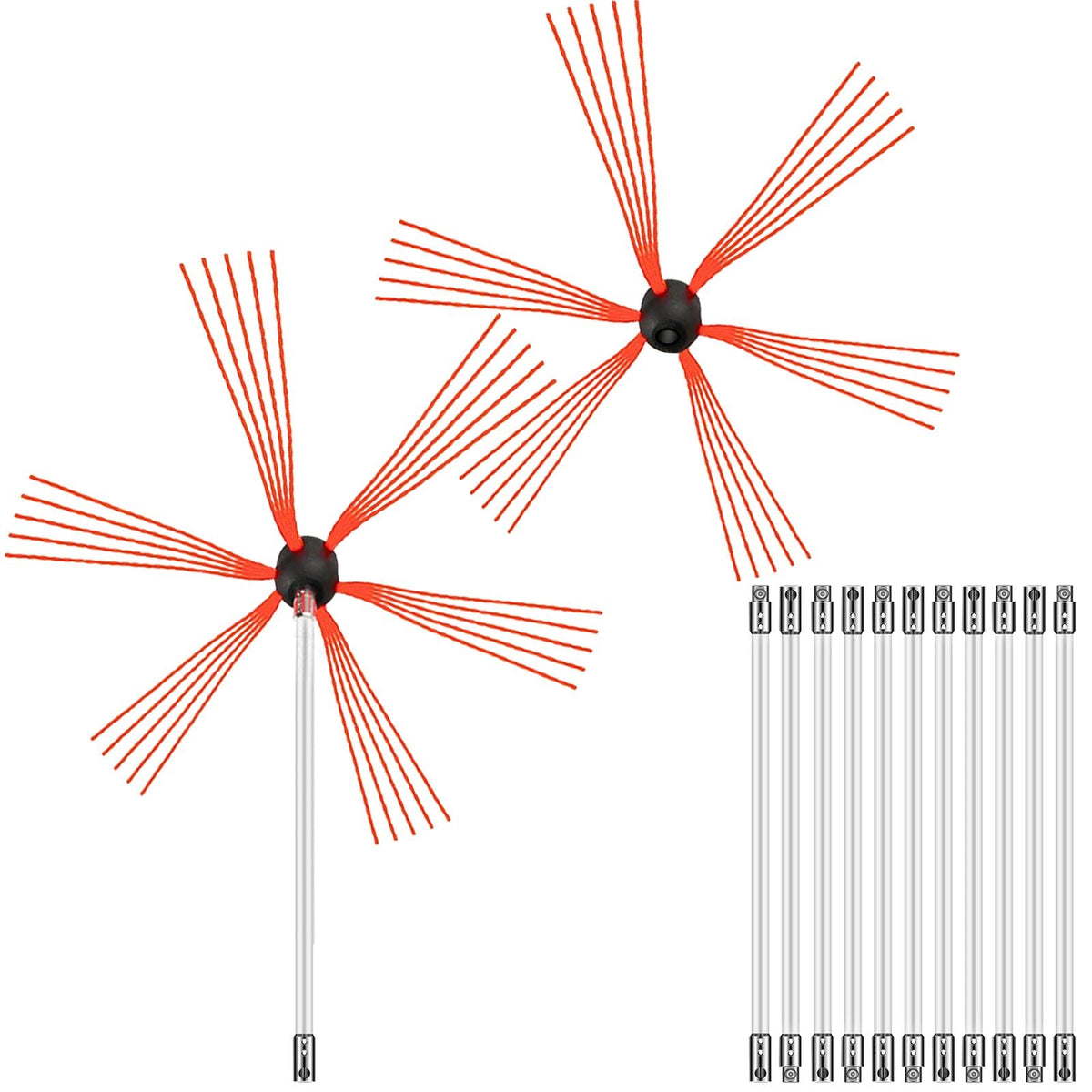 Chimney Sweep Kit 39FT Length, Chimney Brush Kit with 12 Nylon Flexible Rods and 2 Brush Head, Rotary Chimney Cleaning Kit Driven by Drill, Chimney Brush Rod Kit for Sweeping Fireplace