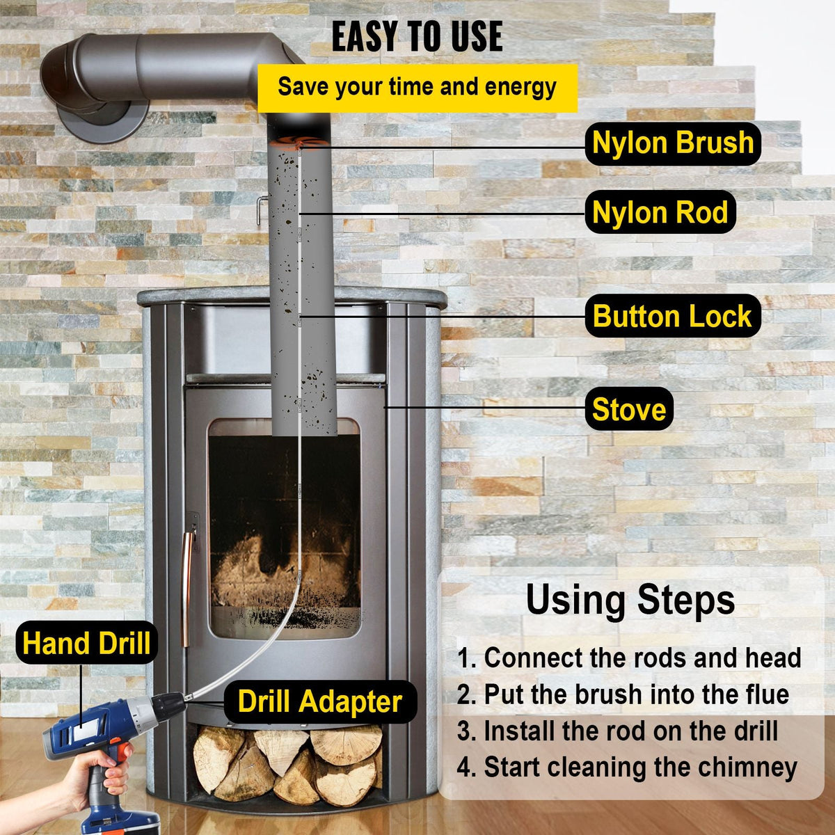 Chimney Sweep Kit 39FT Length, Chimney Brush Kit with 12 Nylon Flexible Rods and 2 Brush Head, Rotary Chimney Cleaning Kit Driven by Drill, Chimney Brush Rod Kit for Sweeping Fireplace