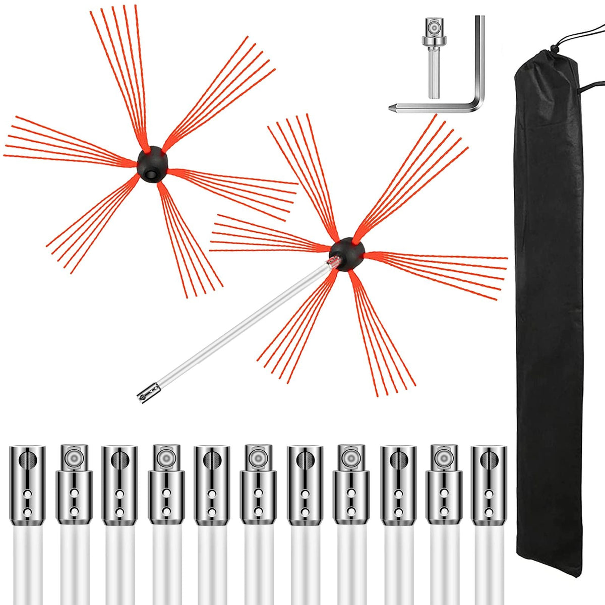 Chimney Sweep Kit 39FT Length, Chimney Brush Kit with 12 Nylon Flexible Rods and 2 Brush Head, Rotary Chimney Cleaning Kit Driven by Drill, Chimney Brush Rod Kit for Sweeping Fireplace