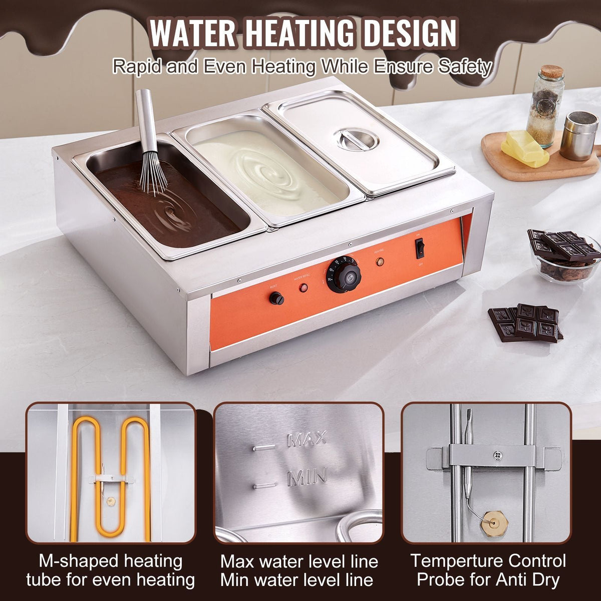 Chocolate Tempering Machine, 26.5 Lbs 3 Tanks Chocolate Melting Pot TEMP Control 86-185 F, 1500W Stainless Steel Electric Commercial Food Warmer For Chocolate/Milk/Cream Melting and Heating
