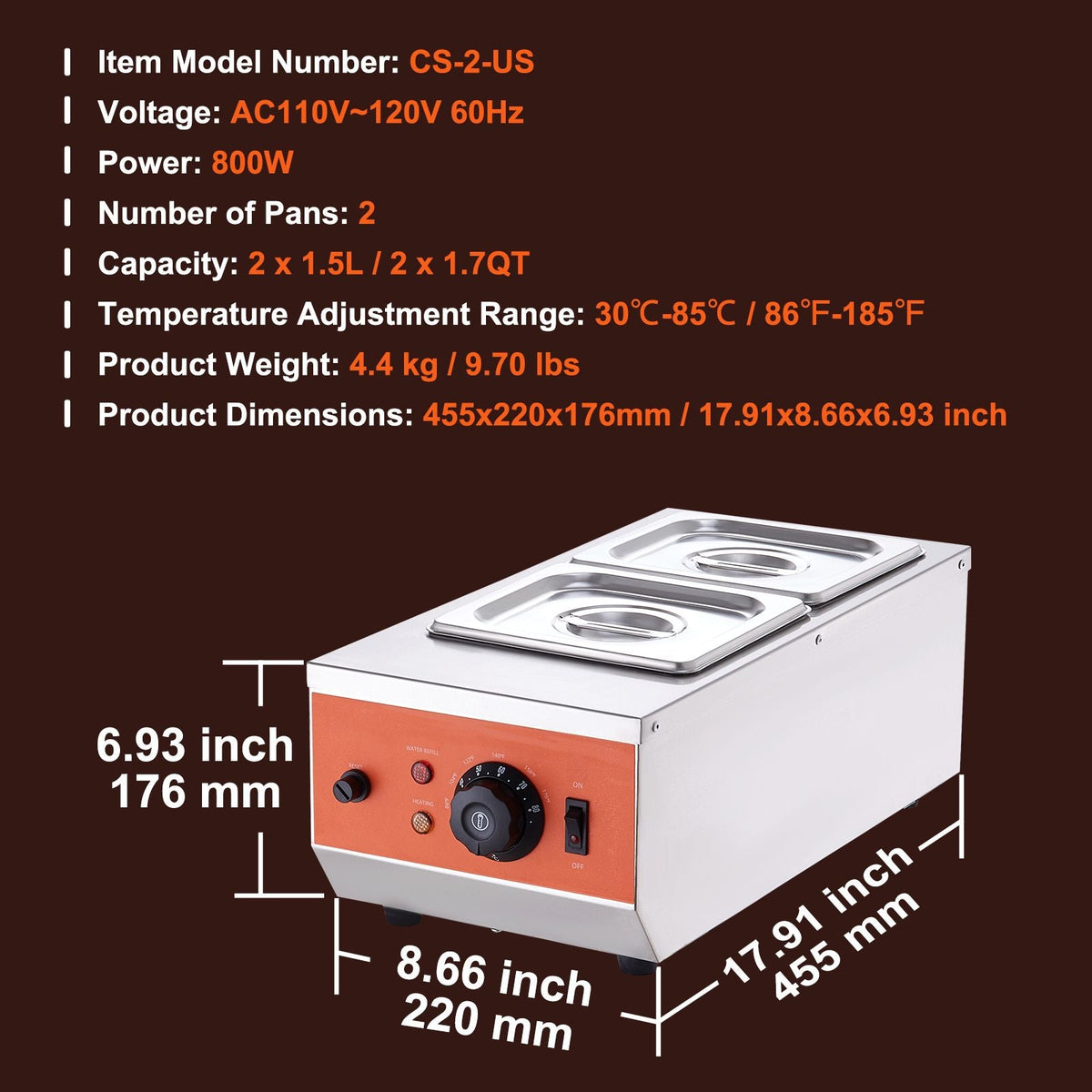 Chocolate Tempering Machine, 9 Lbs 2 Tanks Chocolate Melting Pot with TEMP Control 86-185 F, 800W Stainless Steel Electric Commercial Food Warmer For Chocolate/Milk/Cream Melting and Heating