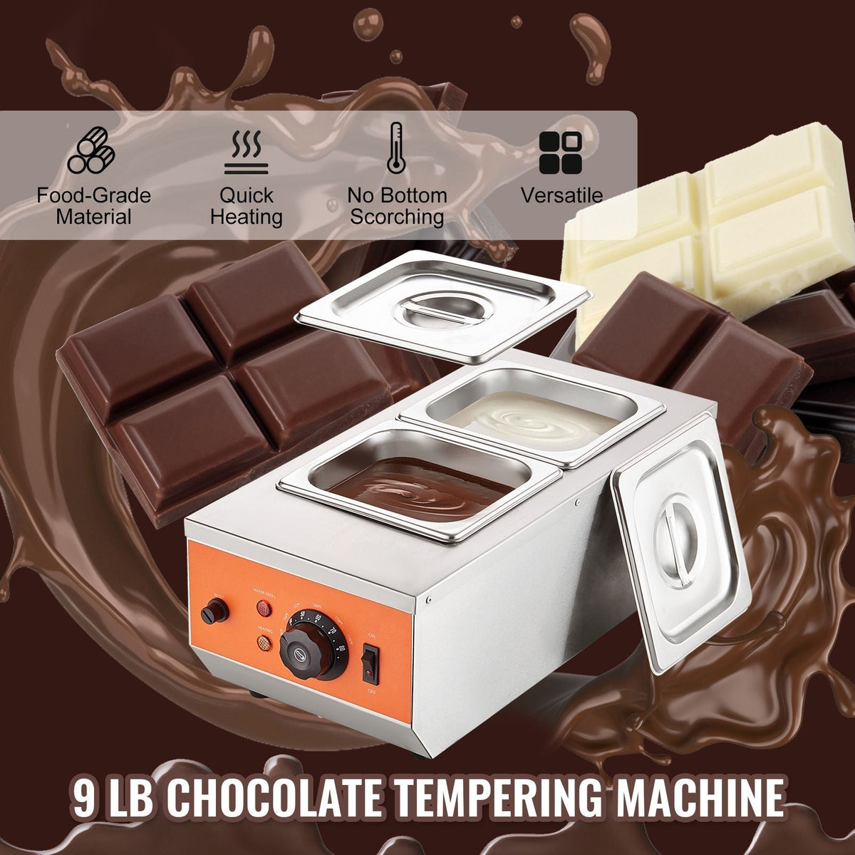 Chocolate Tempering Machine, 9 Lbs 2 Tanks Chocolate Melting Pot with TEMP Control 86-185 F, 800W Stainless Steel Electric Commercial Food Warmer For Chocolate/Milk/Cream Melting and Heating