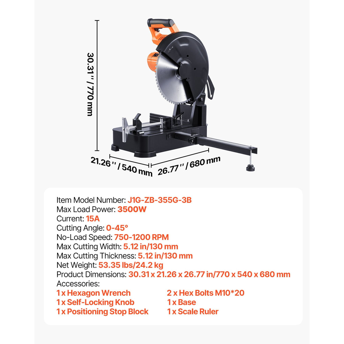 Chop Saw, 14-inch Stainless Steel Cold Cut Blade, 3500 W Powerful Brushless Motor, 750-1200 r/min Adjustable Speed, Metal Cutting Chop Saw for Metal Square and Flat Tubes, Steels (240V/60HZ)
