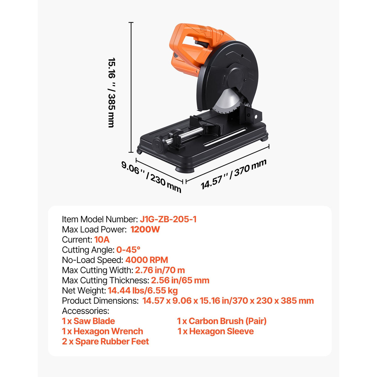 Chop Saw, 7-1/4 in Stainless Steel Cold Cut Blade, 1200 W Motor, 4000 r/min Speed, 0-45° Adjustable Cutting Angle, Metal Cutting Chop Saw for Metal Square and Flat Tubes, I-Shaped Steels