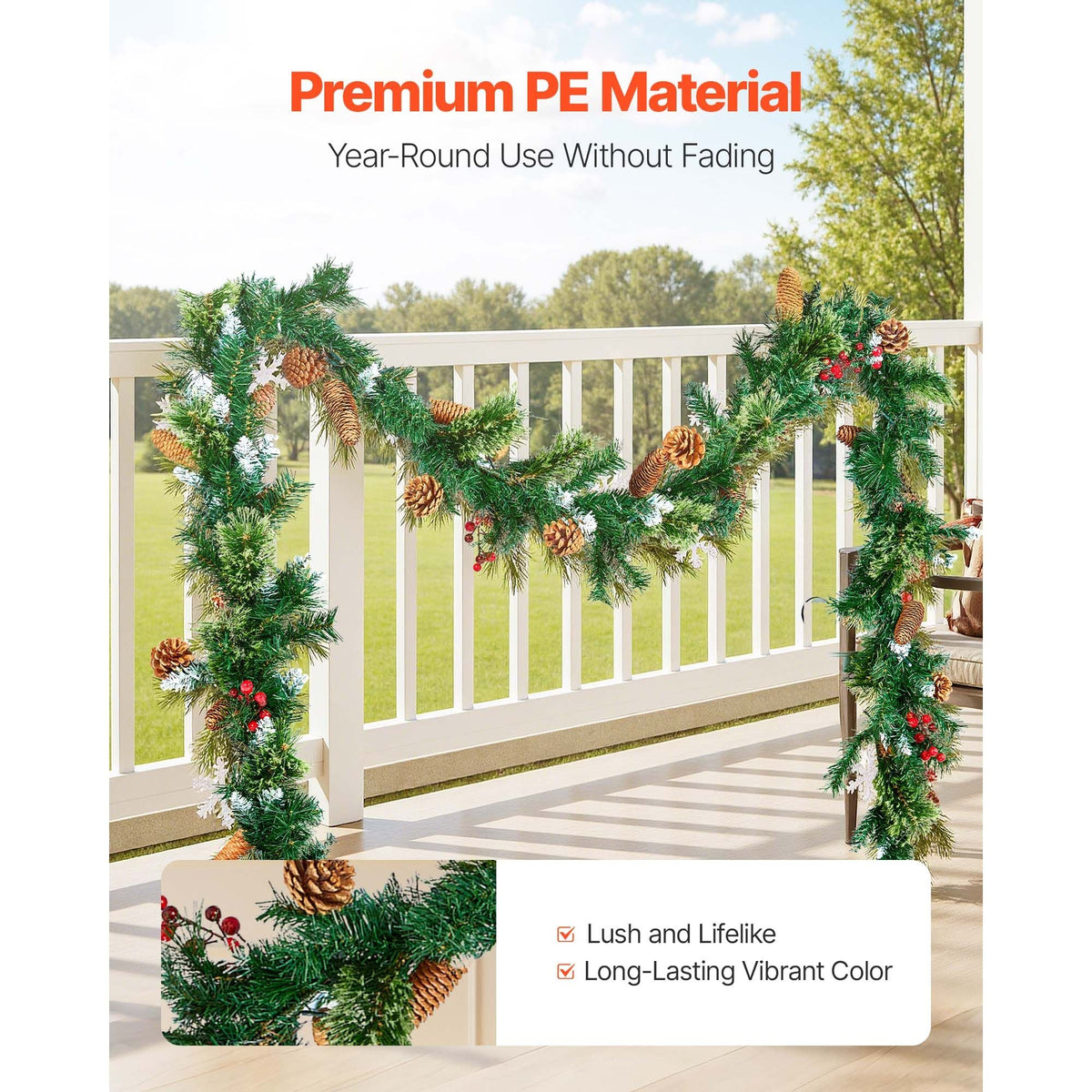 Christmas Garland, 9-Ft Artificial Christmas Garland with Light String, Faux Greenery Decoration with Berry Clusters, Pine Needles, Pine Cones, Realistic Xmas Collection for Mantel & Fireplace