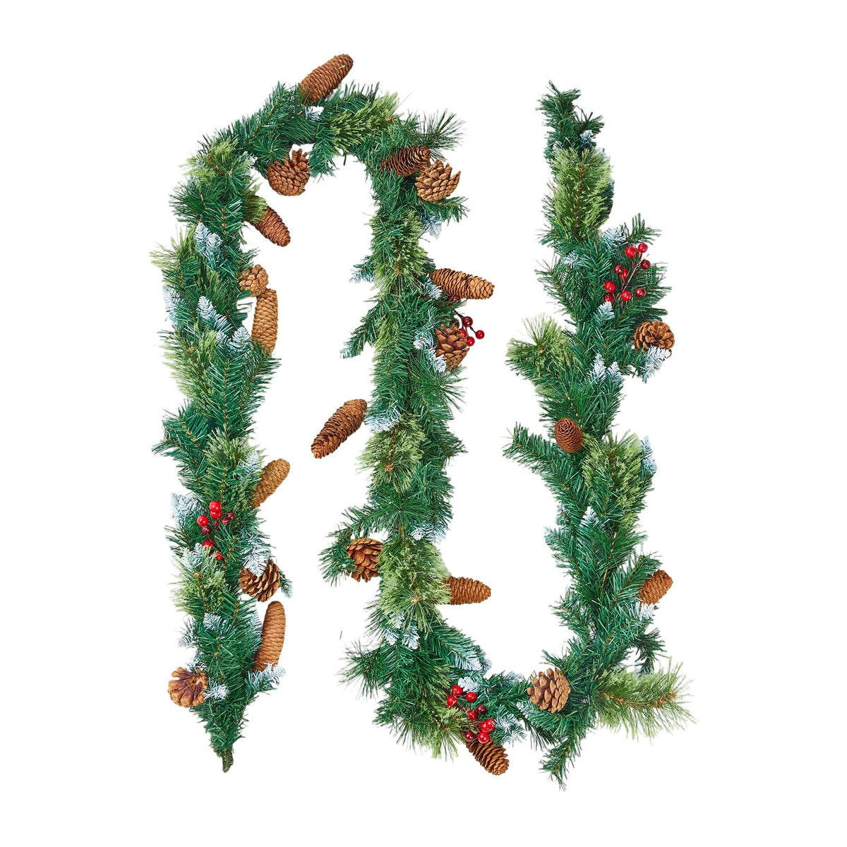 Christmas Garland, 9-Ft Artificial Christmas Garland with Light String, Faux Greenery Decoration with Berry Clusters, Pine Needles, Pine Cones, Realistic Xmas Collection for Mantel & Fireplace