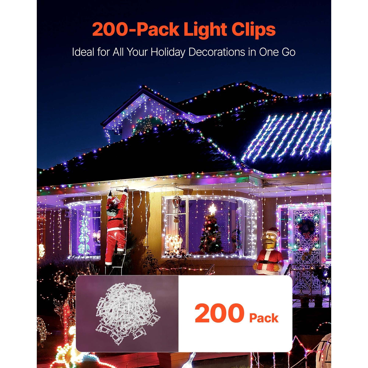 Christmas Light Clips, 200 Pack, Weatherproof Holiday Outdoor Lighting Hanging Hooks, Mount to Shingles & Gutters, for C3, C4, Mini, Outside String Lights, Christmas Decoration, No Tool Required
